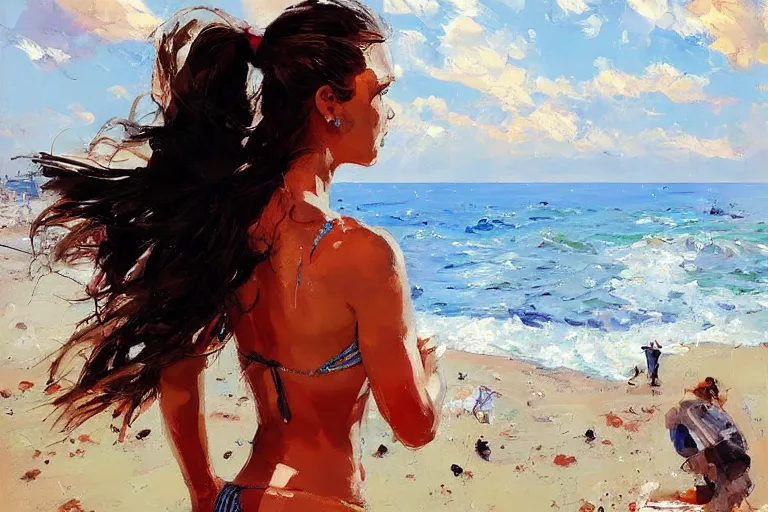 Image similar to girl with a ponytail wearing bikini looking at a hydrogen bomb test, expressive oil painting, digital art, high quality, by michael garmash, by rob rey, by conrad roset, beautiful girl, apocalyptic