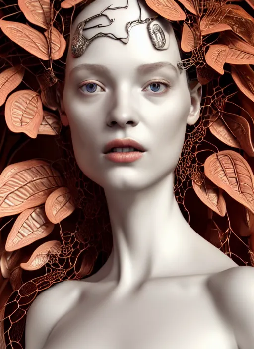 Prompt: complex 3d render ultra detailed of a beautiful porcelain profile woman face, mechanical cyborg, 150 mm, beautiful natural soft light, rim light, studio light, silver gold details, Alexander Mcqueen haute couture, magnolia big leaves and stems, roots, fine foliage lace, mesh wire, intricate details, hyperrealistic, mandelbrot fractal, anatomical, red lips, silver metal armor, facial muscles, cable wires, microchip, elegant, white background, octane render, H.R. Giger style, 8k