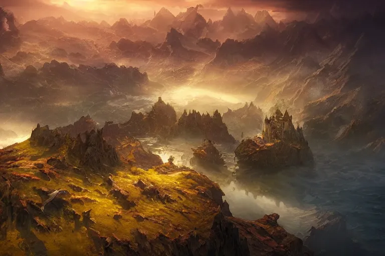 Image similar to high aerial shot, fantasy landscape, sunset lighting ominous shadows, cinematic fantasy painting, dungeons and dragons, coastline of fishing villages by jessica rossier and brian froud