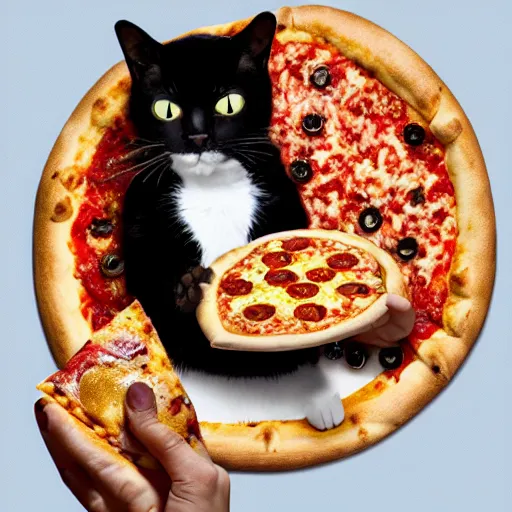 Prompt: A cat eating a pizza with a gold clock around it's neck