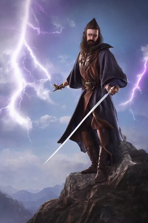 Image similar to hyper realistic wizard holding a sword that’s pointed towards the sky, getting shocked by purple lightning, standing on a mountaintop, octane, trending on artstation, hyper realistic, highly detailed, amazing depth of field, 8k