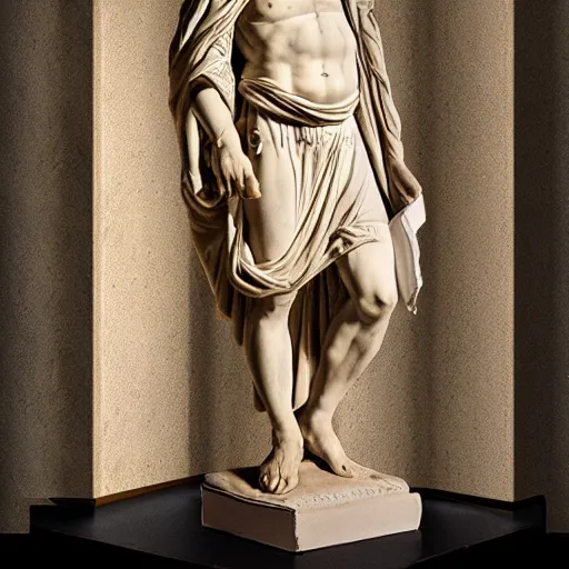 Image similar to greek statue of leonardo davinci holding a book, realistic, photorealistic