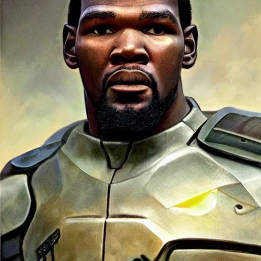 Image similar to ultra realistic portrait painting of kevin durant as master chief, art by frank frazetta, 4 k, ultra realistic, highly detailed, epic lighting