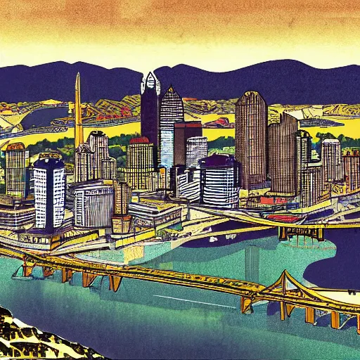 Prompt: city of pittsburgh in the style of hiroshi yoshida, hiroshi yoshida, shin - hanga