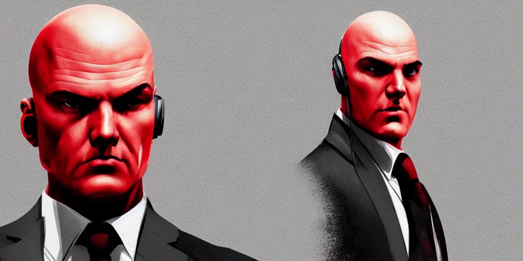 Image similar to agent 4 7 from hitman wearing headphones, dark background, red rim light, highly detailed, smooth, sharp focus, art by ali kiani amin