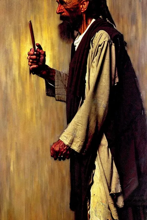 Image similar to norman rockwell and solomon joseph solomon and richard schmid and jeremy lipking victorian loose genre loose painting full length portrait painting of jesus