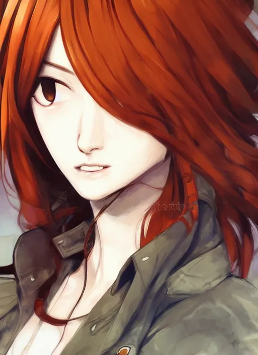 Prompt: portrait illustration by shigenori soejima, beautiful foxgorl, focus on face, pretty, cinematic lighting, painterly, long wavy orange hair, light brown trenchcoat