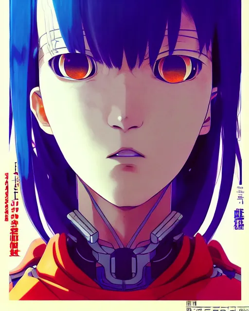 Image similar to portrait of friendly and peaceful anime cyberpunk robot face, anime, warhammer 4 0 0 0 0, realistic shaded lighting, by ilya kuvshinov katsuhiro otomo, magali villeneuve, artgerm, rutkowski, wlop jeremy lipkin and giuseppe dangelico pino and michael garmash and rob rey and tsutomu nihei