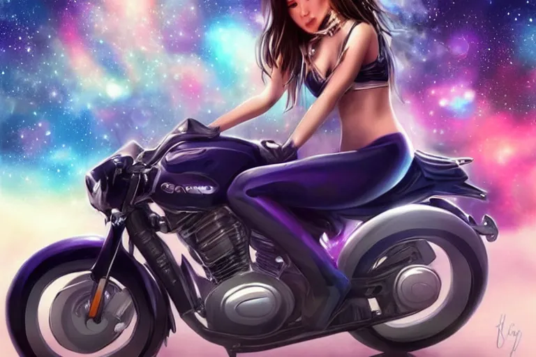 Image similar to a very very very beautiful woman riding a motorcycle, Galaxy background, drawn by artgerm