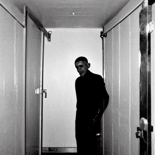 Prompt: grainy photo of barack obama as a creepy monster in a closet, harsh flash