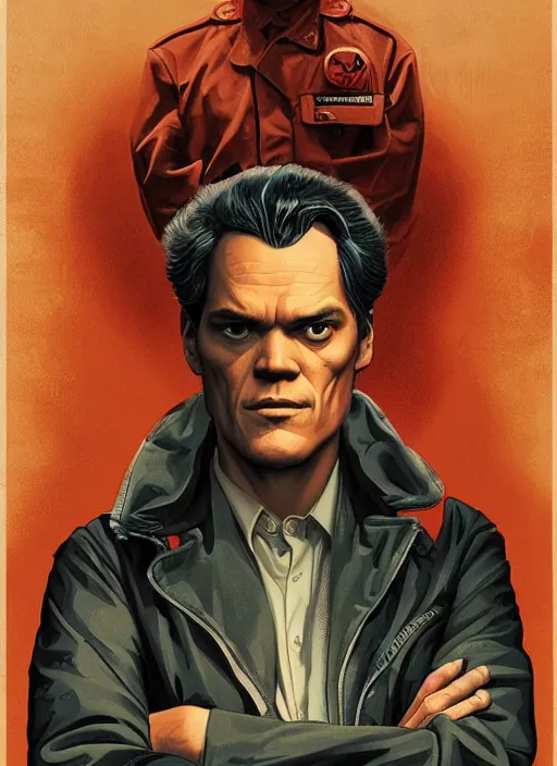 Image similar to poster artwork by Michael Whelan and Tomer Hanuka, Karol Bak of portrait of Michael Shannon!! the local mechanic clerk at the auto store, from Twin Peaks, clean, simple illustration, nostalgic, domestic, full of details