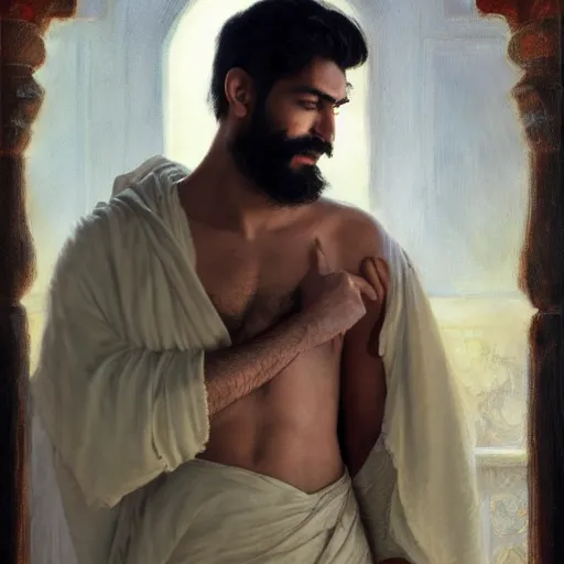Image similar to detailed realistic cinematic wide shot of beautiful attractive indian man with beard and great haircut blue bath robe slim face symettrical face clean skin black eyes black robe smooth, sharp focus, ultra realistic, spring light, painting by gaston bussiere, craig mullins, j. c. leyendecker