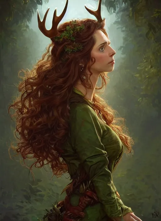 Prompt: portrait of a young woman with red brown curly hair and antlers growing from her head green dress alison brie freya allen forest in the background d & d fantasy intricate big beautiful eyes cinematic lighting highly detailed digital painting artstation concept art smooth sharp focus illustration art by artgerm and greg rutkowski and alphonse mucha