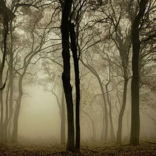 Image similar to horror image of a dark, foreboding forest with twisted, gnarled trees. foggy, ethereal, dim and eerie lighting. in the foreground there should be one figure, who should be shrouded in darkness.