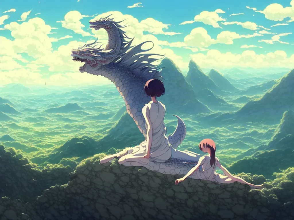 Image similar to a vast scene, panorama distant view, hyper detailed scene render of a beautiful girl sit on a huge silver dragon back, in the white clouds fairyland, animation portrait concept art, style of makoto shinkai, xision, james jean and peter mohrbacher, studio ghibli, artgerm, karol bak, beeple, 4 k hd, animation style