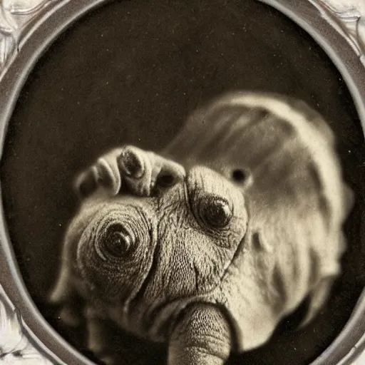 Prompt: tardigrade!!! daguerreotype portrait photograph. inspired by gerard grom and ansel adams. beautiful. cute. happy. highly detailed. old timey.