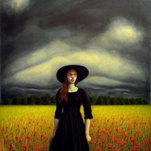 Image similar to a girl standing in a field, wearing black old dress and hat, by andrea kowch, andrea kowch style painting, dark, scene, magicrealism, flowers in background,