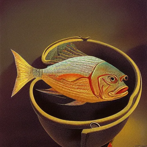 Image similar to a worried fish on the top of a pile of fish, all the fish are inside a cooking pot, side view, by vladimir kush, dystopian art, rococo