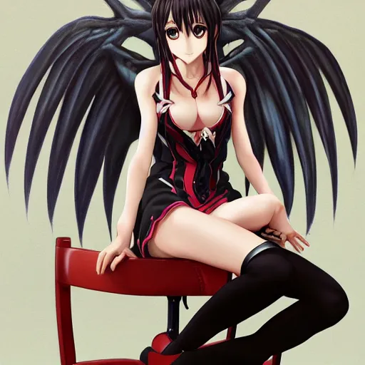 Image similar to 8K photorealistic Portrait of Kuroka Toujou of Highschool DxD, sitting on a chair, wide open dragon wings, intricate, whole body, highly detailed, digital painting, artstation, concept art, smooth, sharp focus, illustration, art by Hajime Sorayama