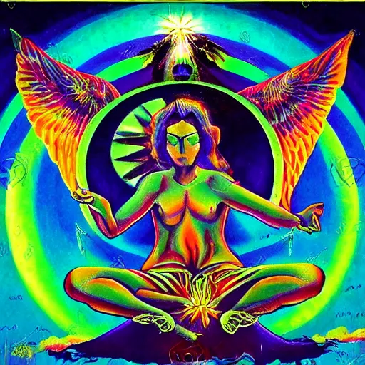 Image similar to ! dream elements of nature, angels and demons, hemp, bright colors, degenerate art