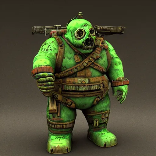 Image similar to highly detailed steampunk morbid obese undead heavy soldier with heavy machine guns, intricate, rusty, green radioactive glow, toxic waste, 3D render