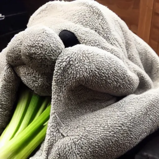 Prompt: cozy tardigrade, giant soft tardigrade curled up in a blanket eating celery, cute, soft, gentle, kind, tender