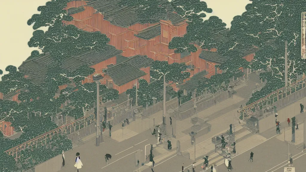 Image similar to a very high detailed image of Two women start crossing the road in front, very high detailed screen print by Kawase Hasui and dan hillier, 8k unreal engine