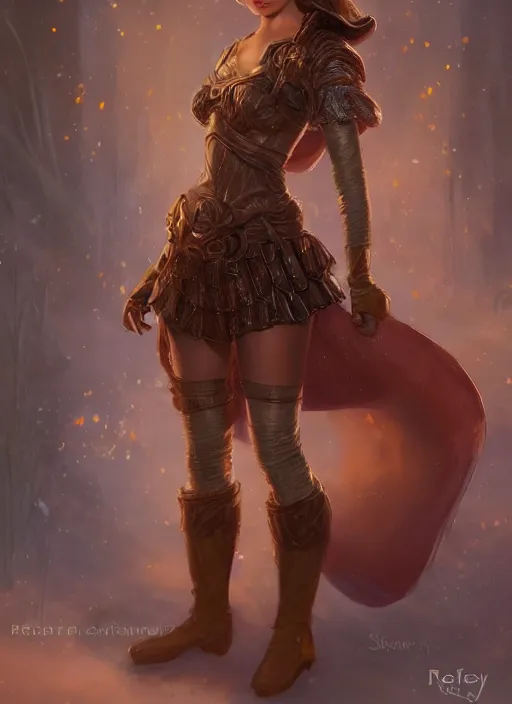 Image similar to beautiful female dorothy gale, rebecca romijn as dorothy, full body character concept, full leather armor, super powers, fantasy, intricate, elegant, highly detailed, digital painting, artstation, concept art, shining, sharp focus, illustration, art by stanley lau