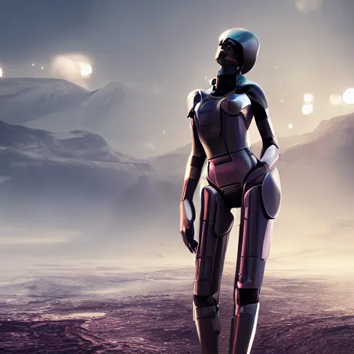 Prompt: beautiful android woman, standing in a barren wasteland, futuristic, chrome and colorful, photo - realistic, ray tracing, 3 d shading, octane render, popular on art station