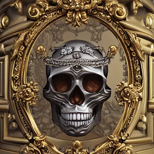 Image similar to a portrait of a beautiful ornate and intricate rococo skull with silver and gold details and diamonds inside a rococo frame, 4k, octane render, vray, unreal engine, photorealistic