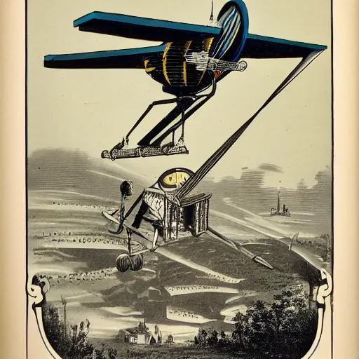 Prompt: futuristic lighter than air flying machine, 1870s lithographic print