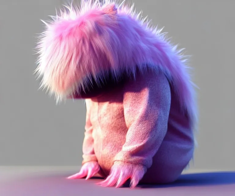 Image similar to high quality 3 d render hyperrealist very cute small tardiradiant, plush mascot, long spiky fluffy smooth hair, photo from the side, pink fluffy fur, vray, smooth background, artstation, ultra detailed