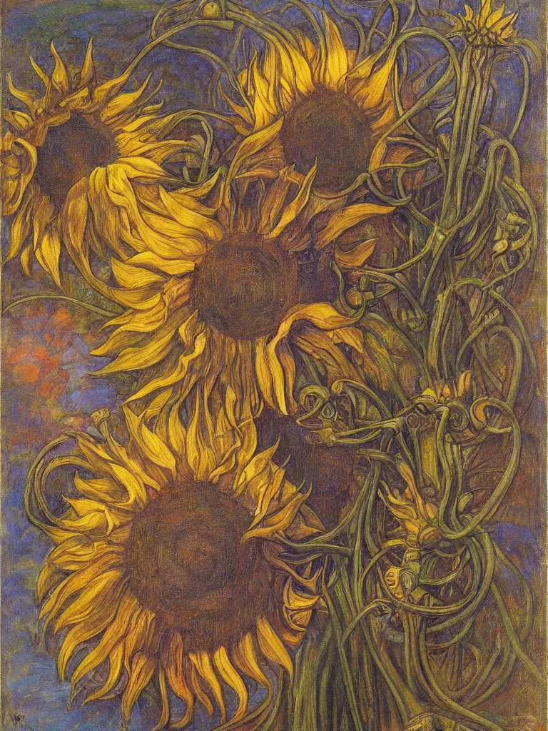 Image similar to mechanical sunflower, by annie swynnerton and diego rivera and elihu vedder, symbolist, dramatic lighting, art brut, soft cool colors, smooth, sharp focus, extremely detailed, adolf wolfli and ( donato giancola )