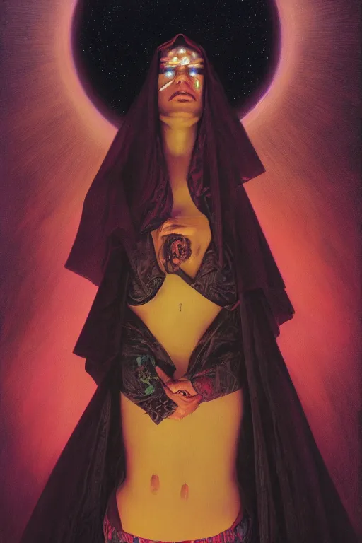 Prompt: gorgeous Sufi shaman cult girl, opening third eye chakra, dark theme night time, expanding electric energy waves into the ethereal realm, epic surrealism 8k oil painting, portrait, perspective, high definition, post modernist layering, by Greg Hildebrandt, Gerald Brom