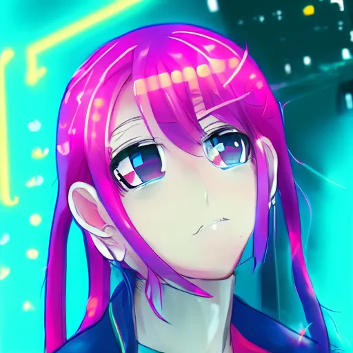 Prompt: professional digital portrait of an anime girl with neon light blue and neon pink pigtails, trending on artstation, super detailed, bokeh, anime wallpaper 8 k hd, anime screenshot