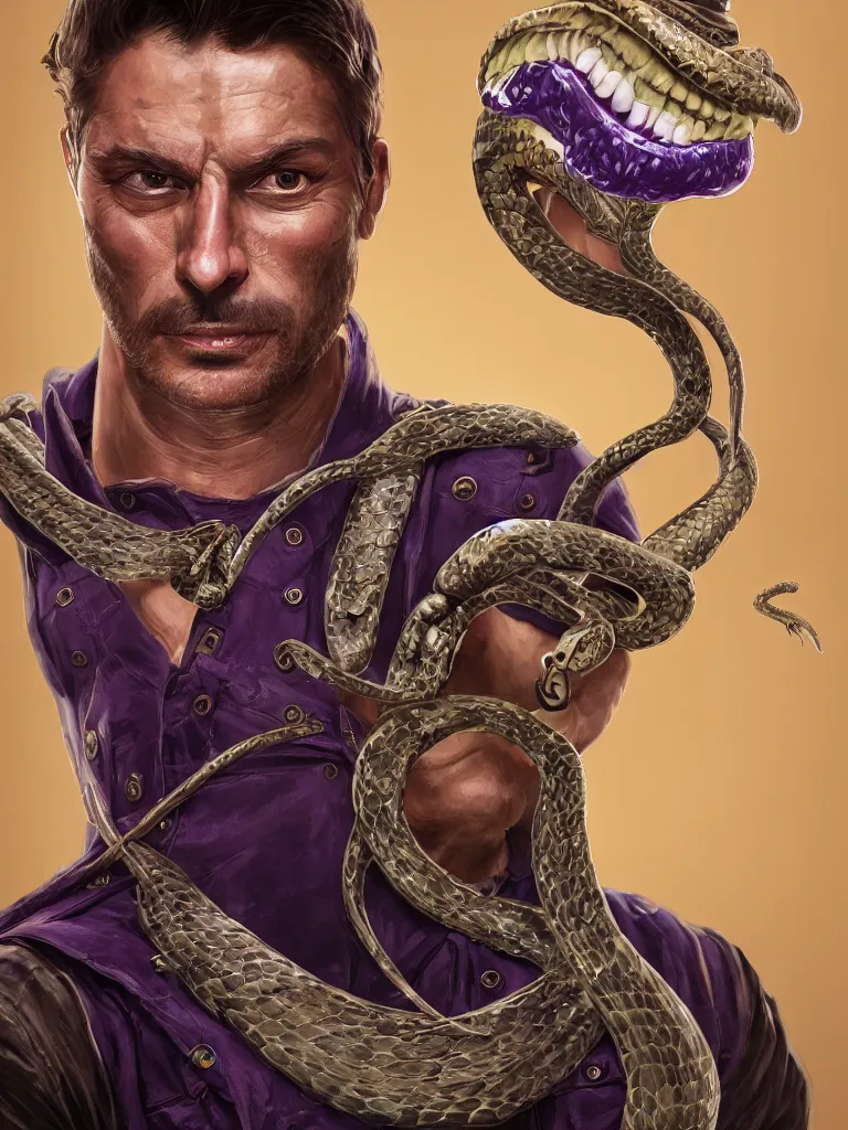 Image similar to professional corporate portrait closeup headshot profile picture of cowboy snake oil salesman wearing purple green medieval armour with snake oil stimulant tonic formula tincture dripping from his lips and dollar bill print tinted skin, by Greg Rutkowski, 8K, hyper detailed, realistic, by onesal, by sixnfive , behance 3d , studio photography DSLR, Photoreal epic composition