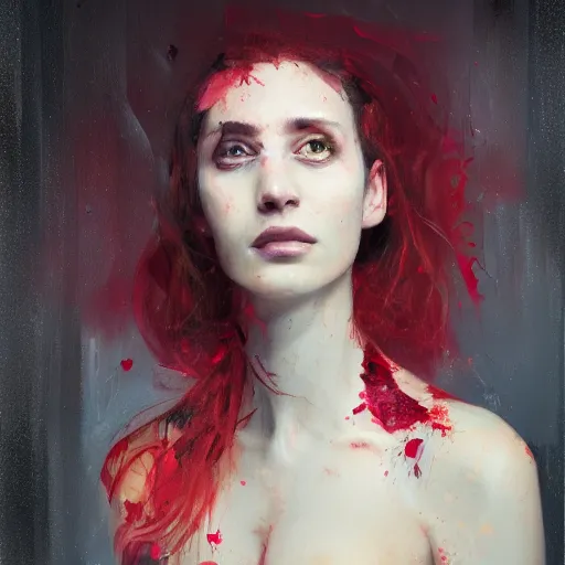 Image similar to a portrait of an intensely lit disoriented female, shattered, red, oil painting, pale colors, high detail, 8 k, wide angle, trending on artstation,