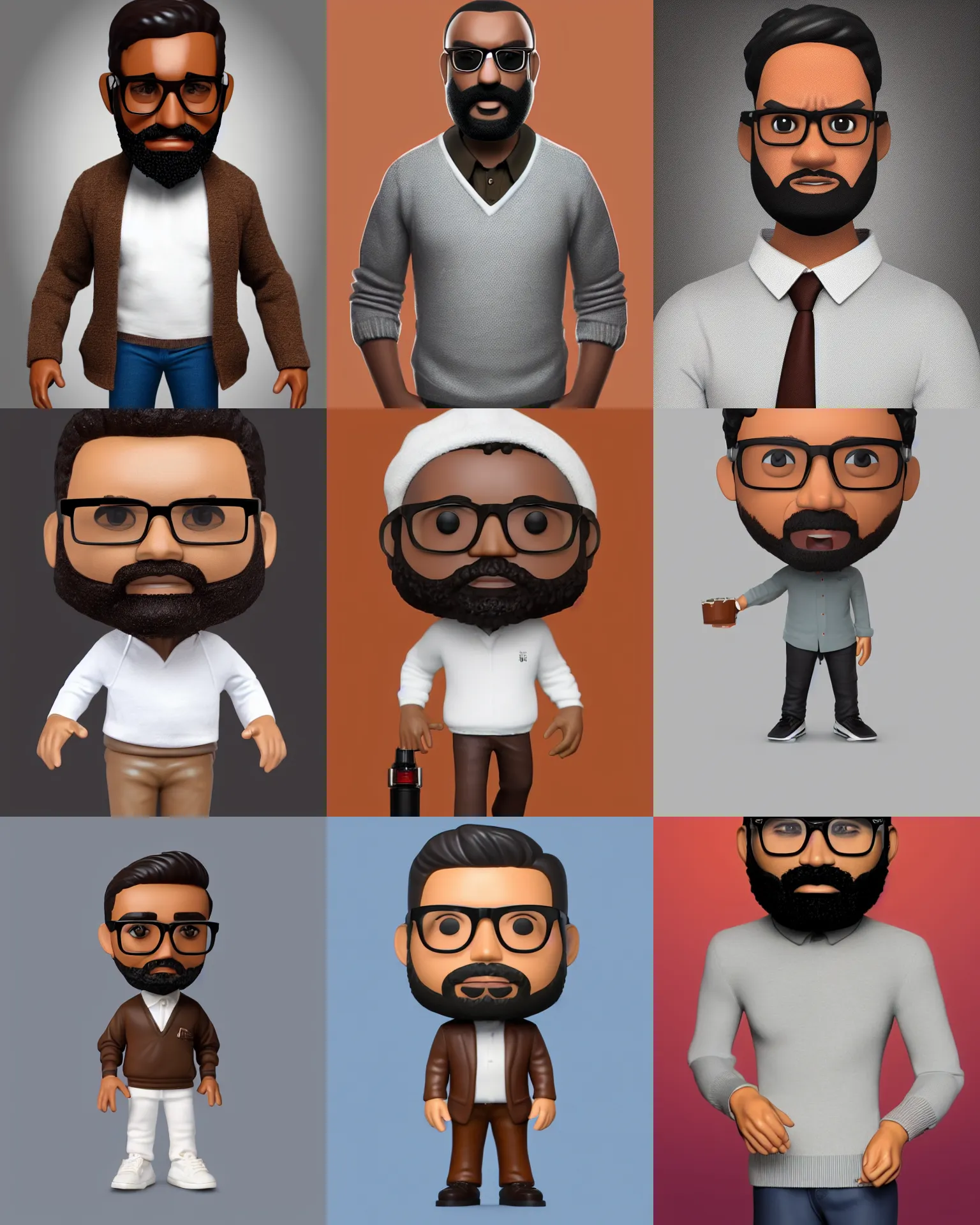 Prompt: full body 3d render of brown man with thin beard wearing tobacco brown pullover, glasses, white collar, as a full body funko pop!, studio lighting, grey background, single body, no shadow, blender, trending on artstation, 8k, highly detailed