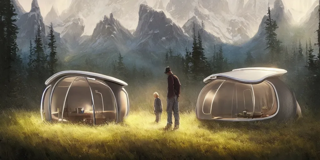 Image similar to cabela's beautiful comfortable futuristic pop up insulated all terrain family pod, cabin, modular, person in foreground, mountainous forested wilderness open fields, beautiful views, painterly concept art, joanna gaines, environmental concept art, farmhouse, magnolia, concept art illustration by ross tran, by james gurney, by craig mullins, by greg rutkowski trending on artstation