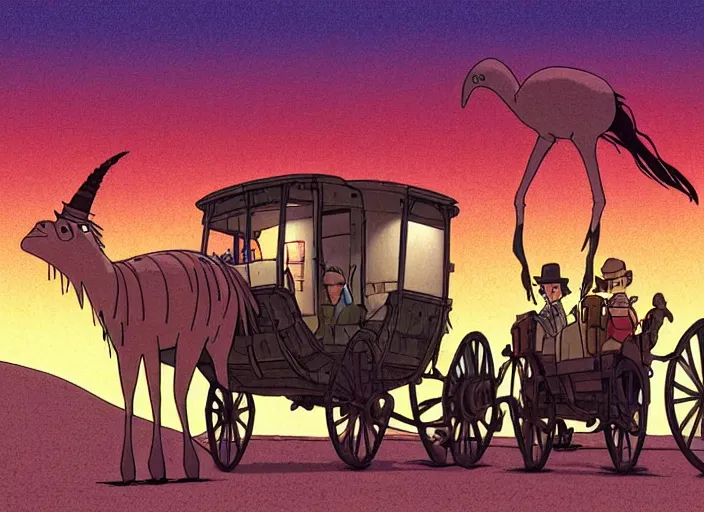 Prompt: a cell shaded cartoon of a stagecoach being pulled by two ostriches from howl's moving castle ( 2 0 0 4 ), on a desert road, lamp posts, in front of a pale full moon, full body, wide shot, very dull muted colors, studio ghibli, highly detailed, deviantart, art by artgem