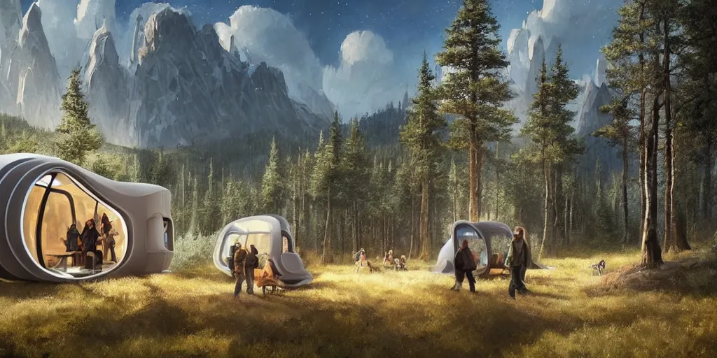 Image similar to cabela's beautiful comfortable futuristic pop up insulated all terrain family pod, cabin, modular, person in foreground, mountainous forested wilderness open fields, beautiful views, painterly concept art, joanna gaines, environmental concept art, farmhouse, magnolia, concept art illustration by ross tran, by james gurney, by craig mullins, by greg rutkowski trending on artstation