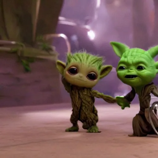 Image similar to baby groot and baby yoda having fun playing games, highly detailed