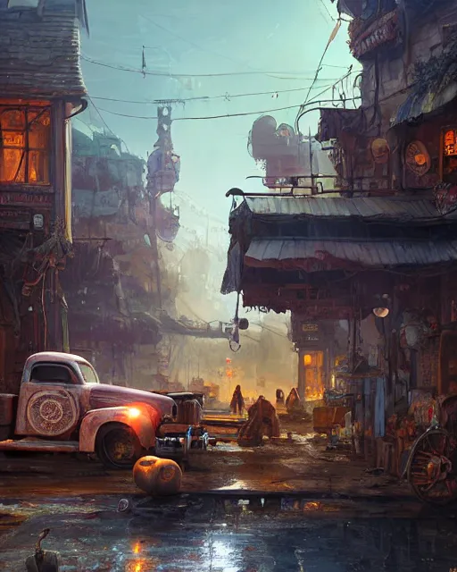 Prompt: old truck fallen apart in a street of a robust fantasy village, people gathered to watch, calming, uplifting mood, ultra realistic, factory, funny, small buildings, highly detailed, epic lighting, illuminated, cinematic, morning, art by eddie mendoza