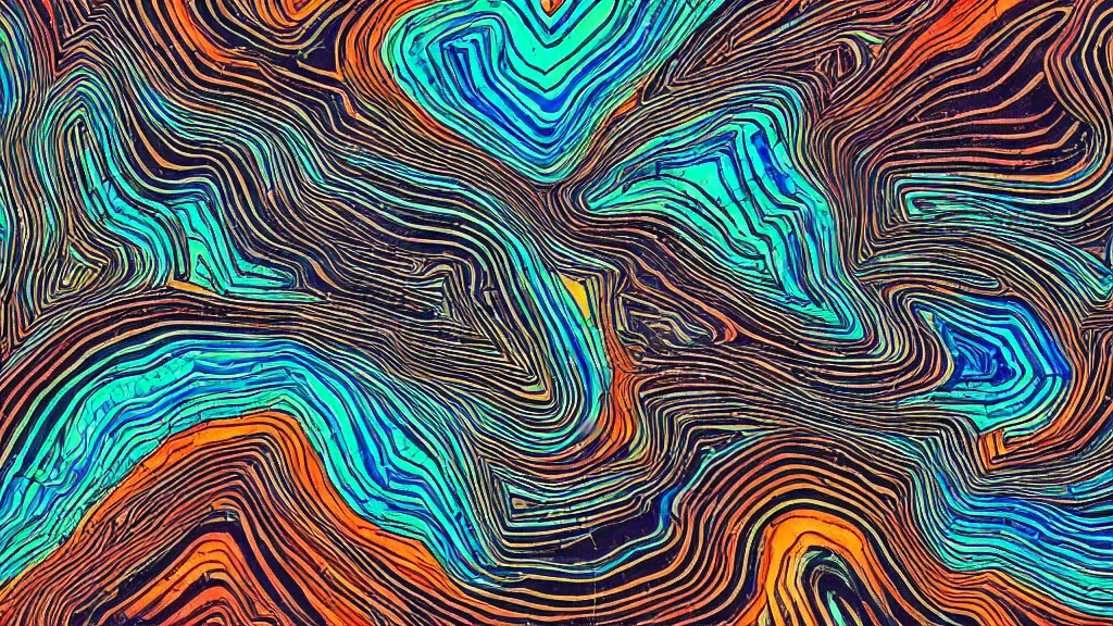 Image similar to geology illustration macro photography of the psychedelic magical machine within the mountain, with marbled machine strata, wind machinery, hadron collider, super conducters, fibre optics, reactor circuits, isometric, cool dark tones in the style of Luis García Mozos