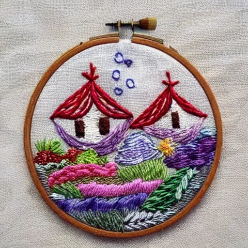 Image similar to a tiny beautiful handmade embroidery of a vegetable patch. hand embroidery.