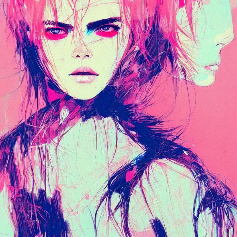 Image similar to close up portrait painting of a female in nineties street styling, concept art, intricate details, aesthetically pleasing pastel colors, art by conrad roset, impressionism, portrait