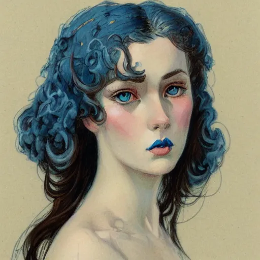 Image similar to a portrait of a beautiful woman in the style of charles dana gibson and in the style of peter mohrbacher. porcelain skin, big blue eyes.