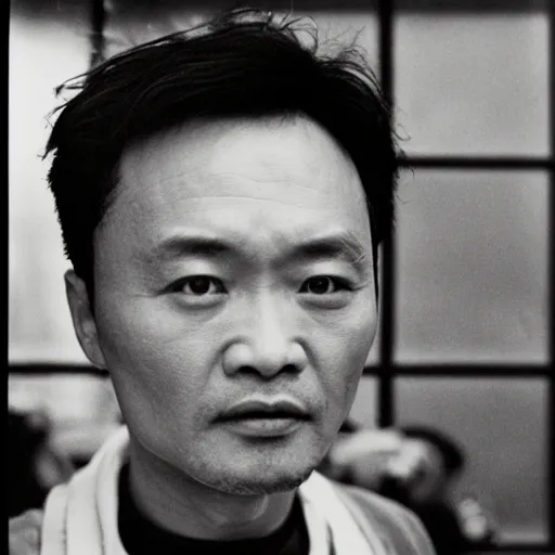 Image similar to photo of Leslie Cheung Kwok Wing by Diane Arbus, extreme closeup, black and white, high contrast, Rolleiflex, 55mm f/4 lens