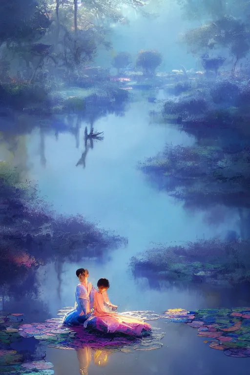 Image similar to nenufar in a pond, colorful, blue backgroung,clean, joyful, intricate, elegant, volumetric lighting, scenery, digital painting, highly detailed, artstation, sharp focus, illustration, concept art, ruan jia, steve mccurry