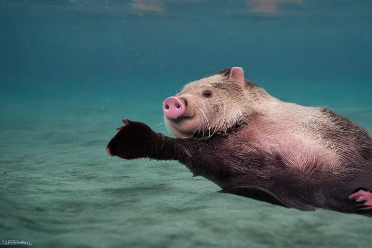 Image similar to a pig sea otter!!! hybrid! hyper realistic!! realistic lighting!! wildlife photographer of the year!!! bold natural colors, national geographic, hd, wide angle, 8 k